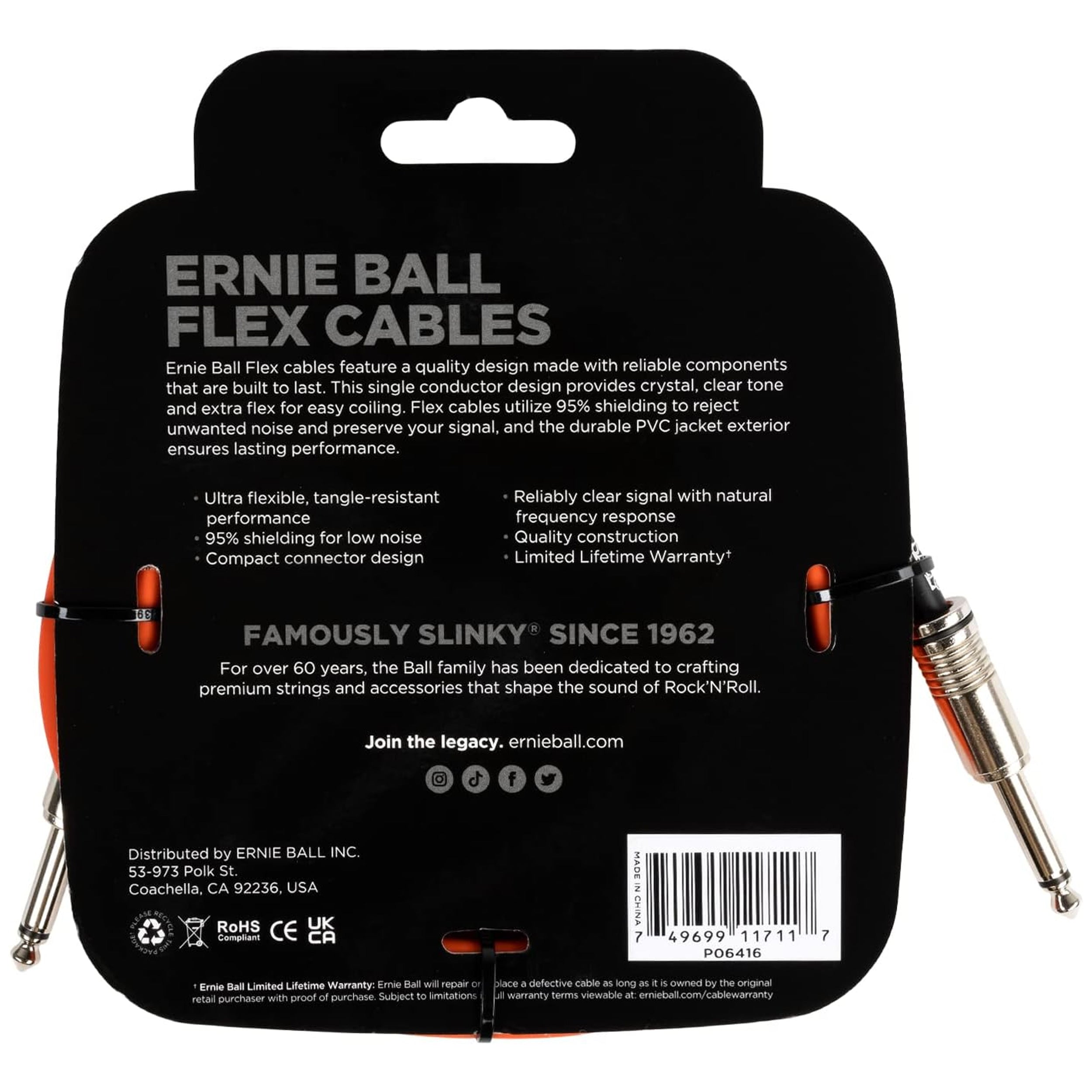 Ernie Ball Flex Instrument Cable Straight/Straight 10ft - Orange