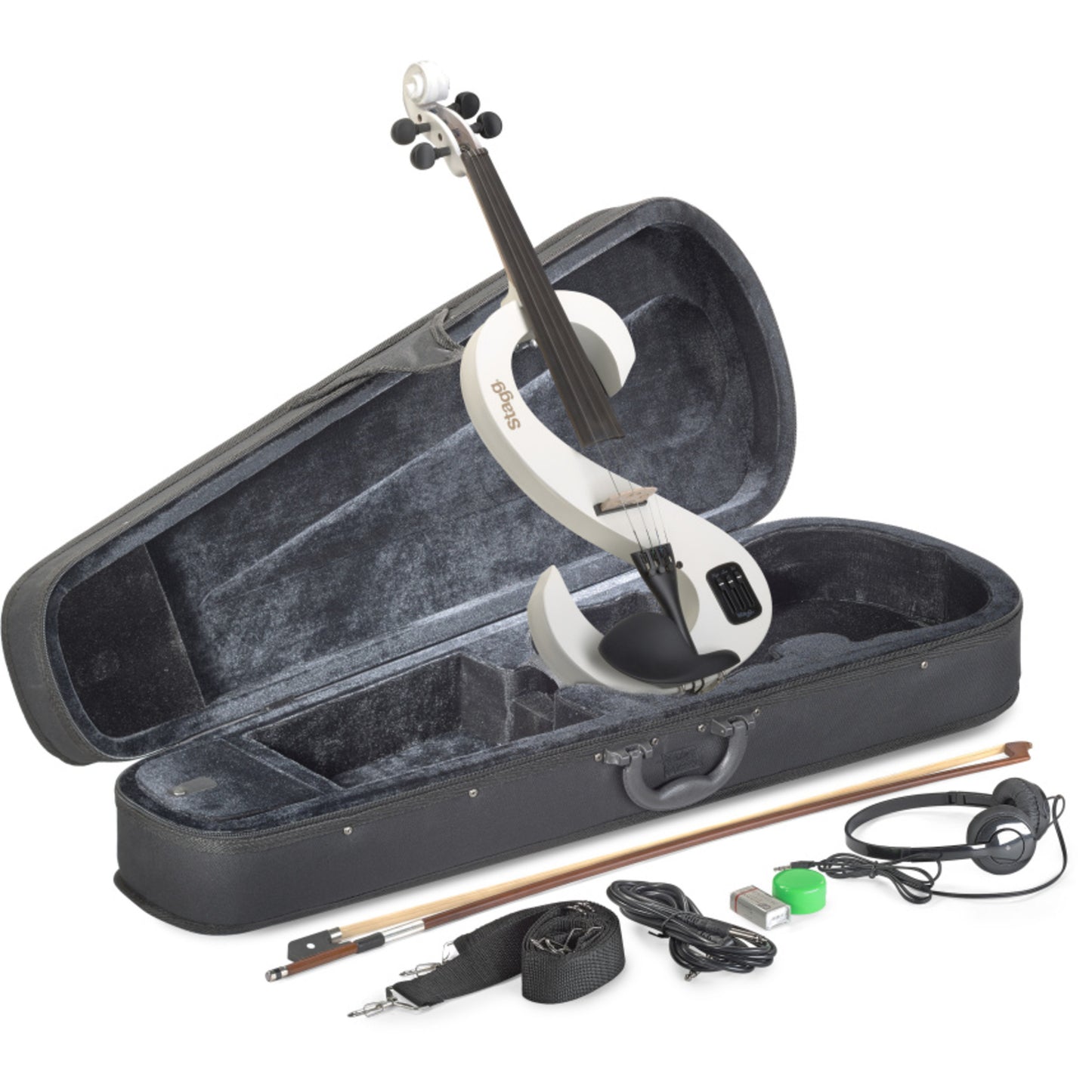 Stagg 4/4 Electric Violin Set With S-shaped White, Case & Headphones