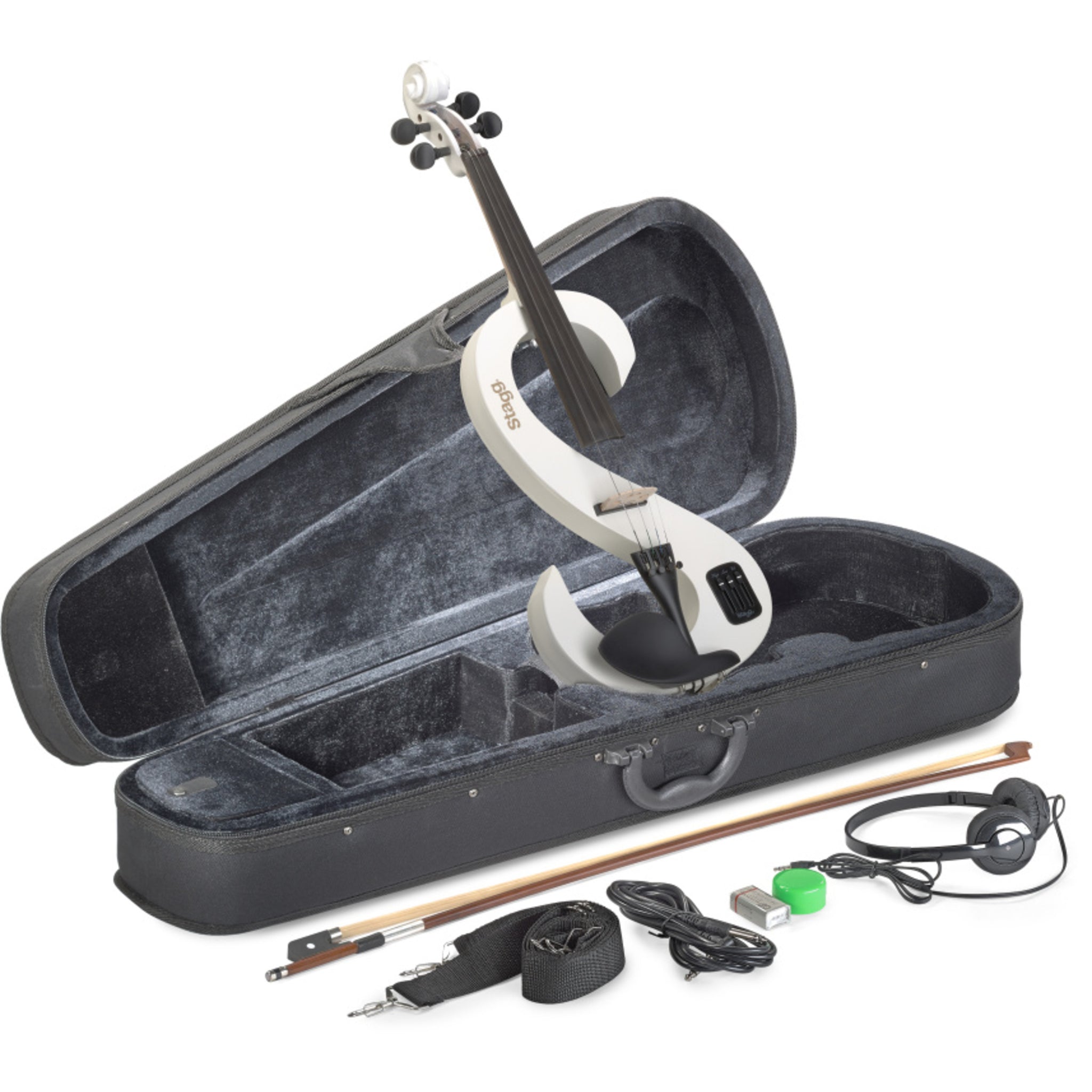 Stagg 4/4 Electric Violin Set With S-shaped White, Case & Headphones