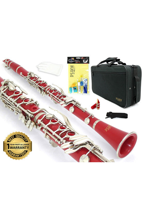 D'Luca 200 Series Red ABS 17 Keys Bb Clarinet with Double Barrel, Canvas Case, Cleaning Kit and 1 Year Manufacturer Warranty