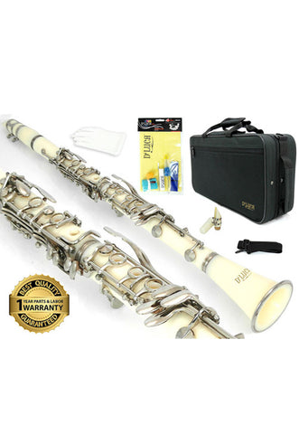 D'Luca 200 Series White ABS 17 Keys Bb Clarinet with Double Barrel, Canvas Case, Cleaning Kit and 1 Year Manufacturer Warranty