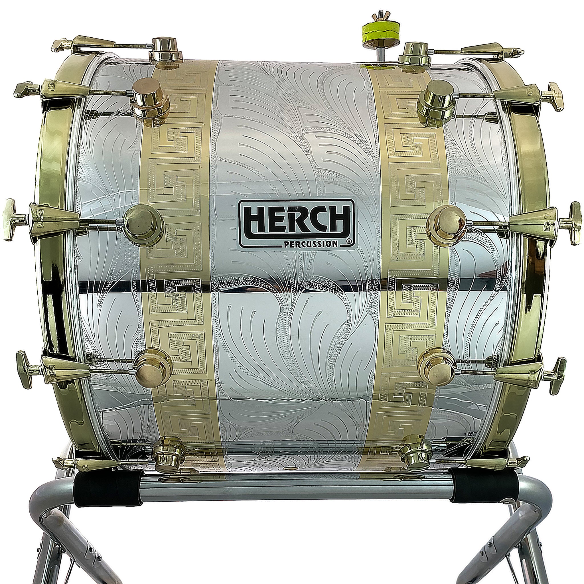 D'Luca made by Herch 20"x24" Bass Drum Tambora Gold/Silver Engraved Case & Stand