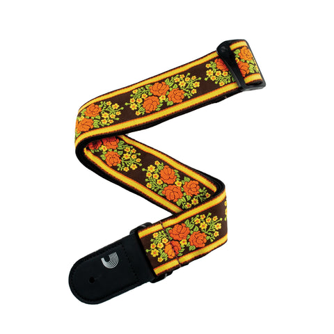 D'Addario Woven Guitar Strap, Peace Love, Brown and Yellow