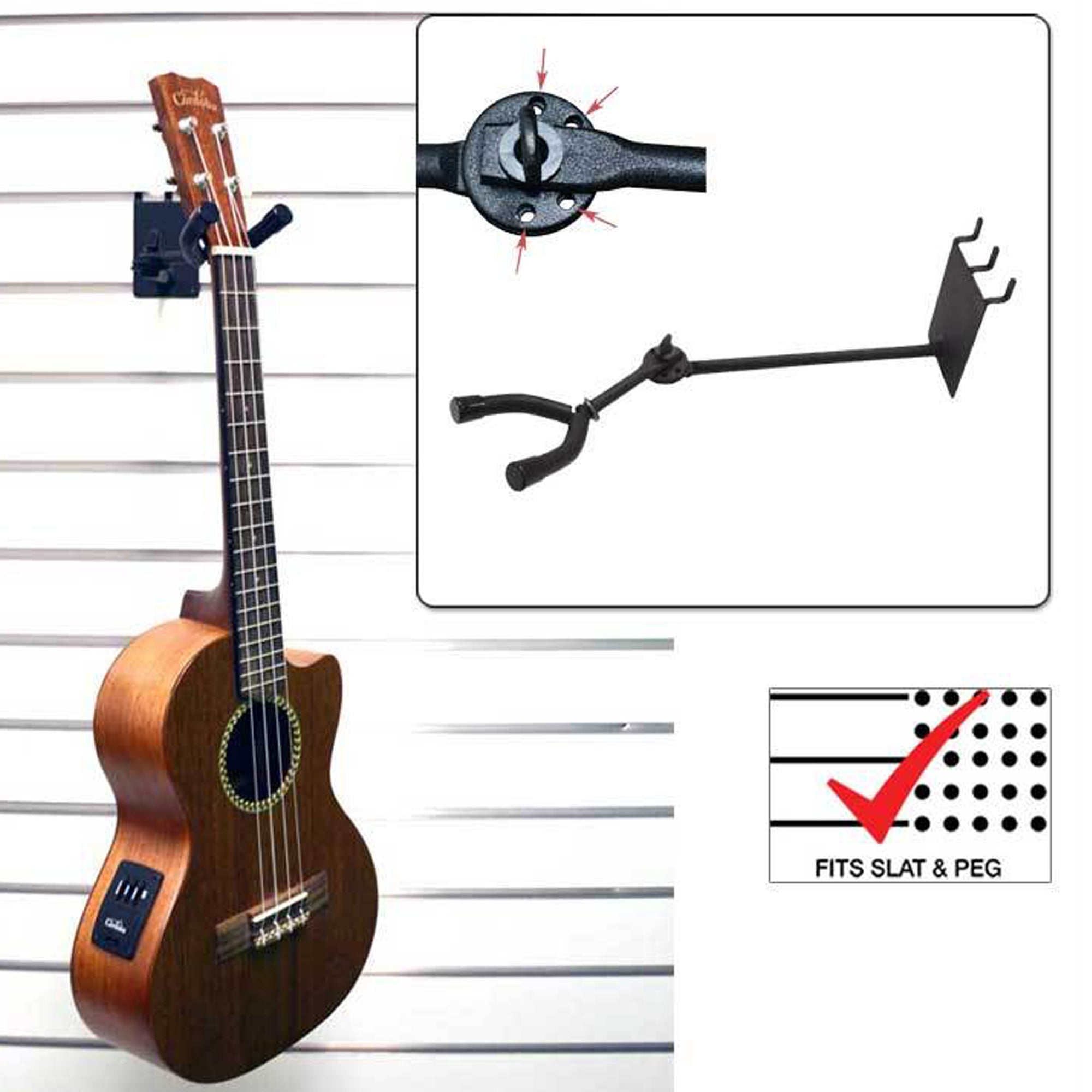 D'Luca 9" Ukulele/Mandolin Holder, Adjustable Fits Slatwall And Peg Wall