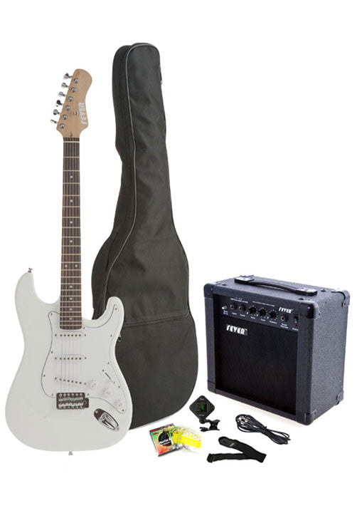 Fever Full Size Electric Guitar with 20-Watts Amplifier, Gig Bag, Clip on Tuner, Cable, Strap and Strings Color White