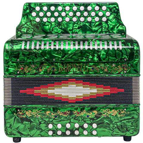 Baronelli Full Size 31 Button 12 Bass Accordion, GCF, With Straps, Case, Green