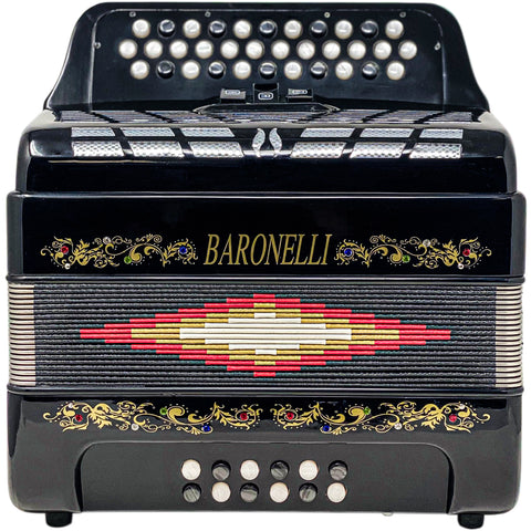 Baronelli 34 Button Accordion 12 Bass, 3 Switch, FBE, With Staps And Case, Black