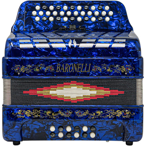 Baronelli 34 Button Accordion 12 Bass, 3 Switch, GCF, With Staps And Case, Blue