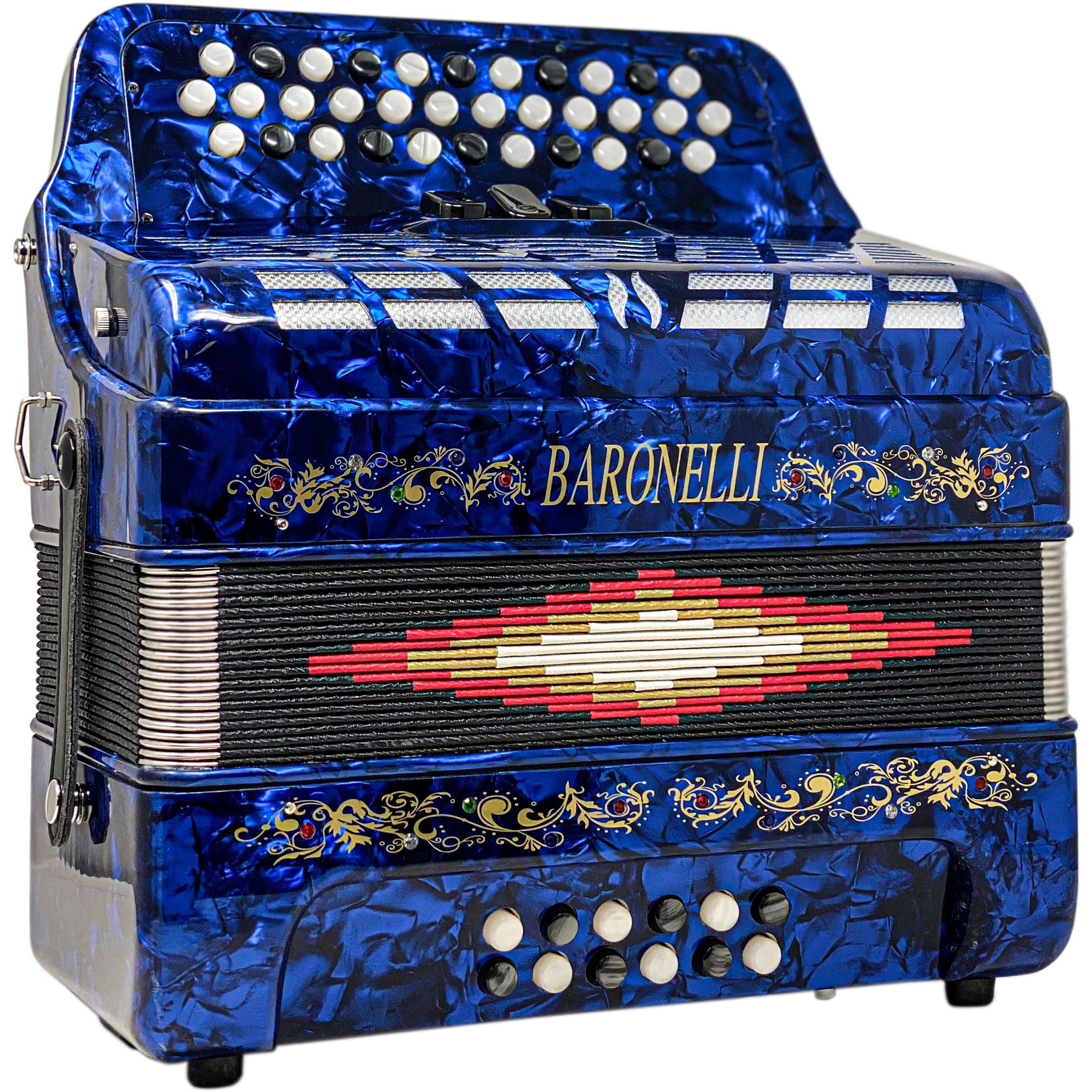 Baronelli 34 Button Accordion 12 Bass, 3 Switch, FBE, With Staps And Case, Blue