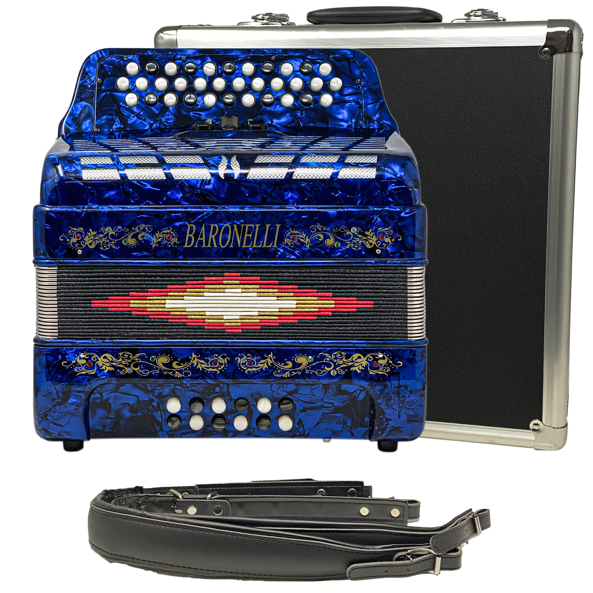 Baronelli 34 Button Accordion 12 Bass, 3 Switch, FBE, With Staps And Case, Blue