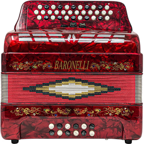 Baronelli 34 Button Accordion 12 Bass, 3 Switch, FBE, With Staps And Case, Red
