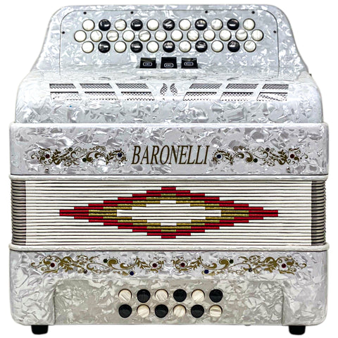 Baronelli 34 Button Accordion 12 Bass, 3 Switch, GCF, With Staps And Case, White