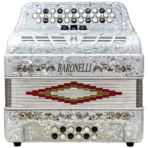 Baronelli 34 Button Accordion 12 Bass, 3 Switch, FBE, With Staps And Case, White