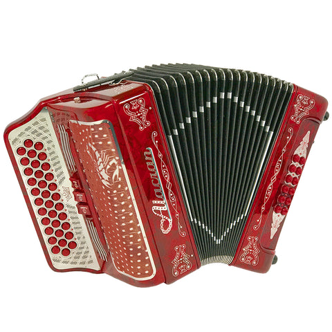 Alacran 34 Button 12 Bass 3 Switches Button Accordion FBE With Straps And Case, Red