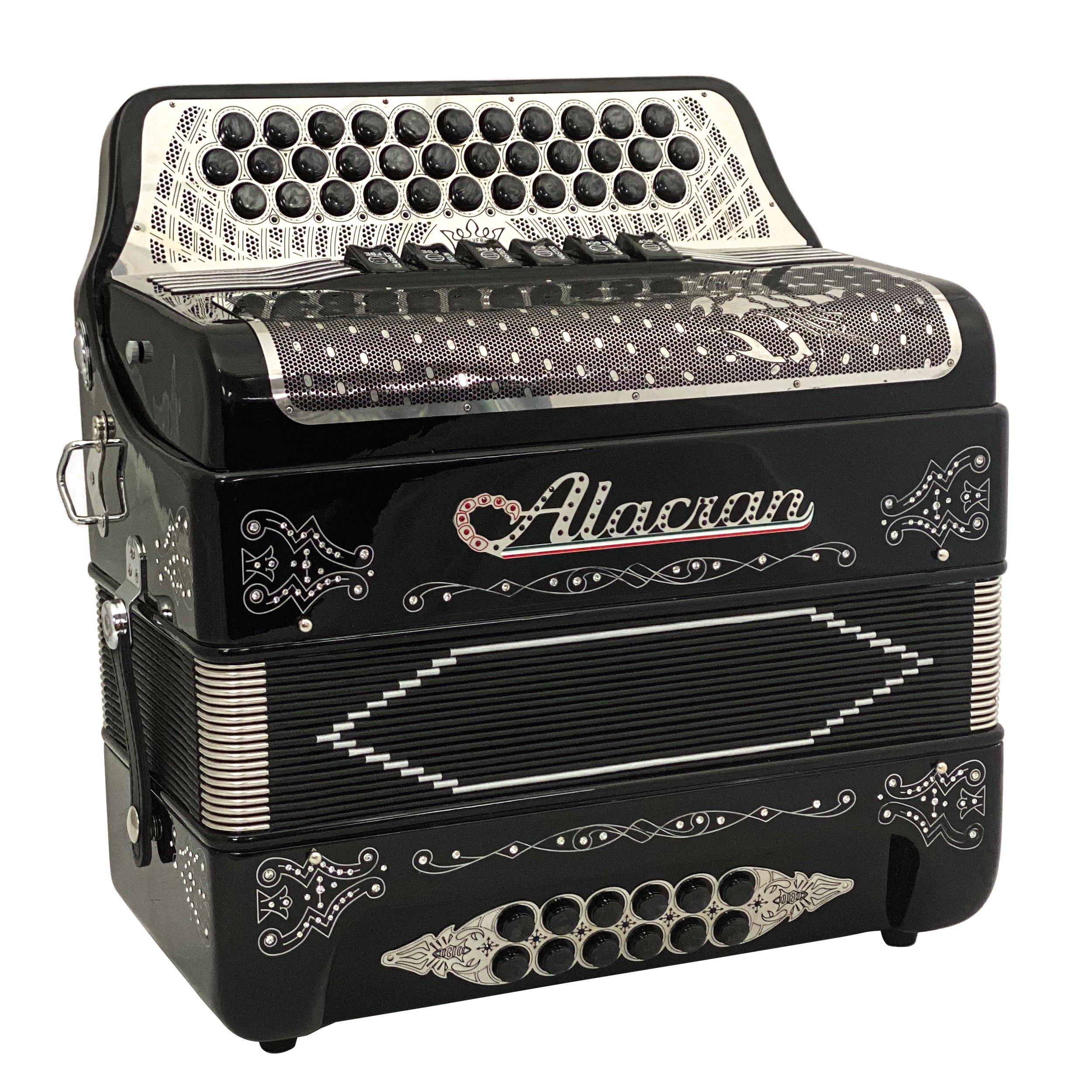 Alacran 34 Button 12 Bass Two Tone Button Accordion GCF/FBE With Straps And Case, Black