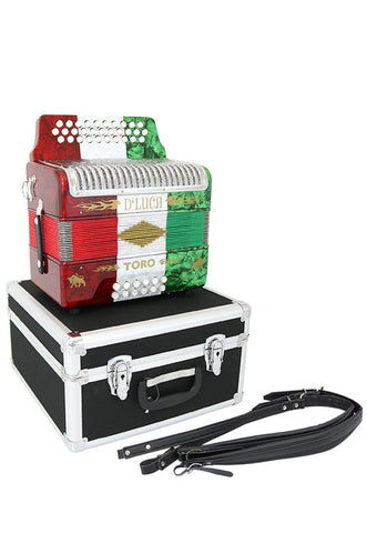 D'Luca Toro Button Accordion 31 Keys 12 Bass on GCF Key with Case and Straps, Red, White, Green