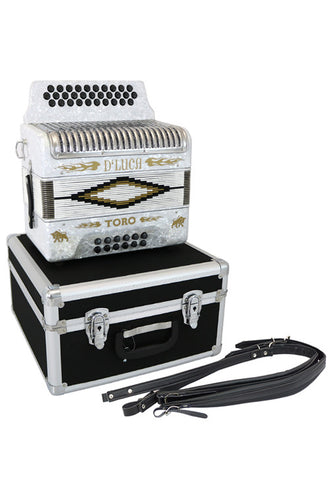 D'Luca Toro Button Accordion 31 Keys 12 Bass on GCF Key with Case and Straps, White