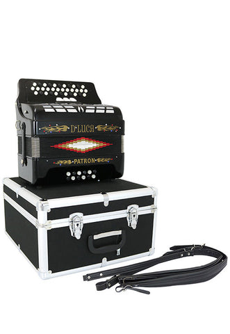 D'Luca Patron Button Accordion 3 Switches 34 Keys 12 Bass on GCF Key with Case and Straps, Black