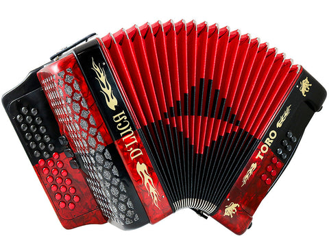 D'Luca Toro Button Accordion 34 Keys 12 Bass, GCF, Case and Straps, Red/Black