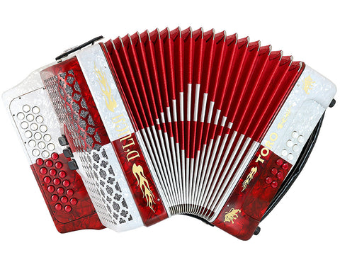 D'Luca Toro Button Accordion 34 Keys 12 Bass, GCF, Case and Straps, Red/White
