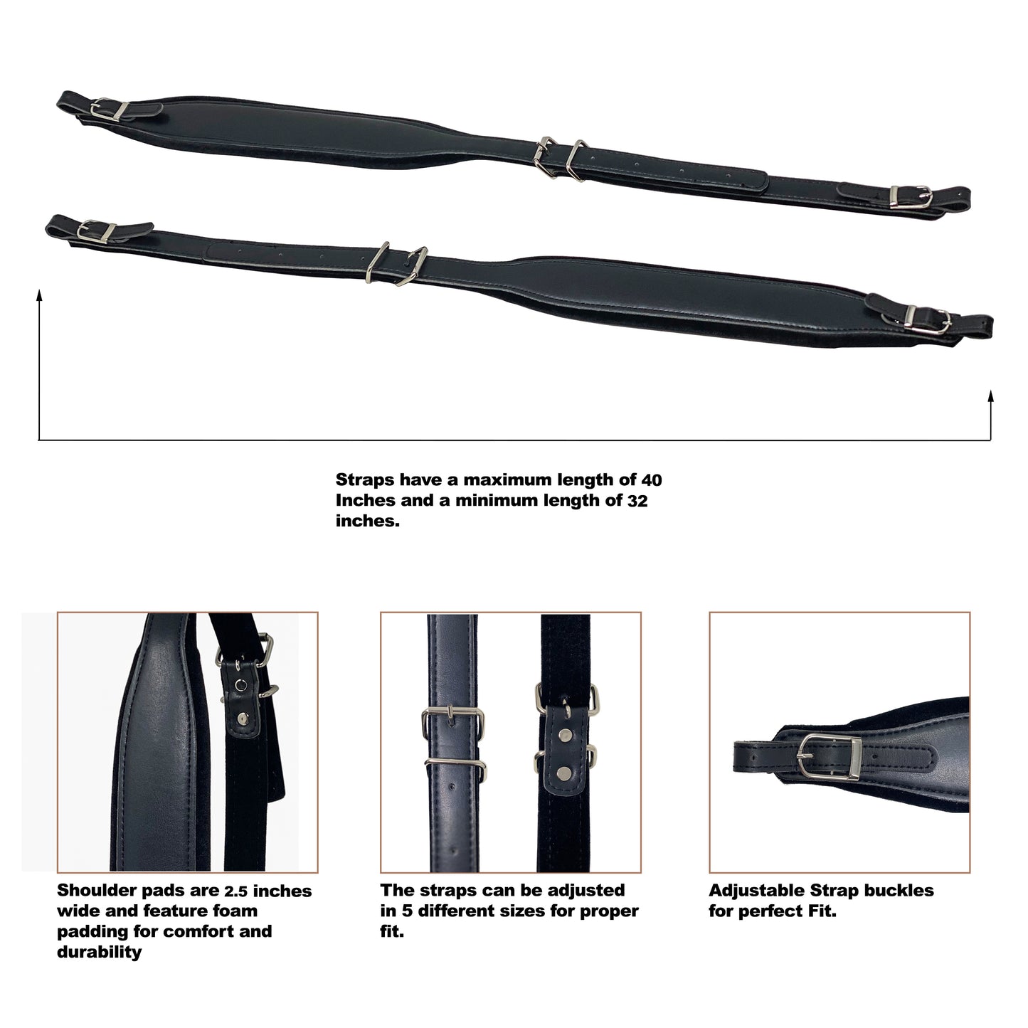 D'Luca Padded Accordion Shoulder Straps 2.5 Inches Wide Black