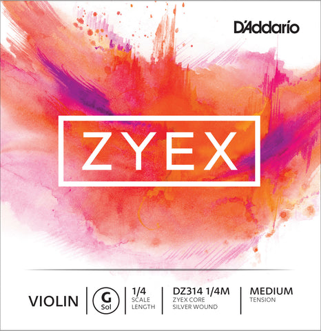 D'Addario Zyex Violin Single G String, 1/4 Scale, Medium Tension