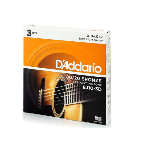 D'Addario EJ10-3D Bronze Acoustic Guitar Strings, Extra Light, 10-47, 3 Sets