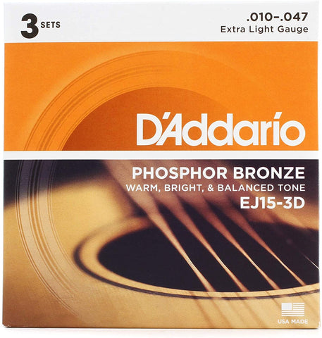 D'Addario EJ15-3D Phosphor Bronze Acoustic Guitar Strings, Extra Light, 3 Sets