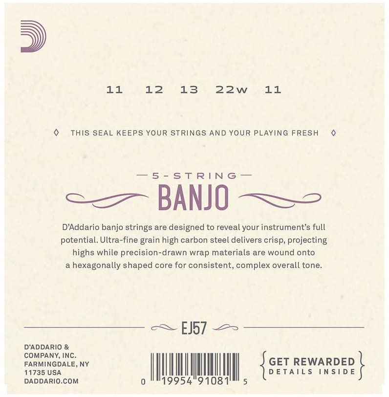 D'Addario EJ57 5-String Banjo Strings, Nickel, Custom Medium, 11-22