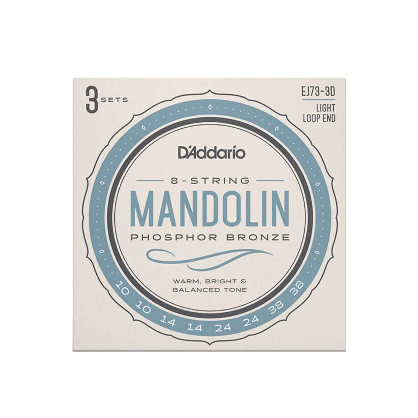 D'Addario EJ73 Mandolin Strings, Phosphor Bronze, Light, 10-38, 3 Sets