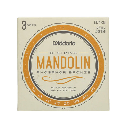 D'Addario EJ74-3D Mandolin Strings, Phosphor Bronze, Medium, 11-40, 3 Sets