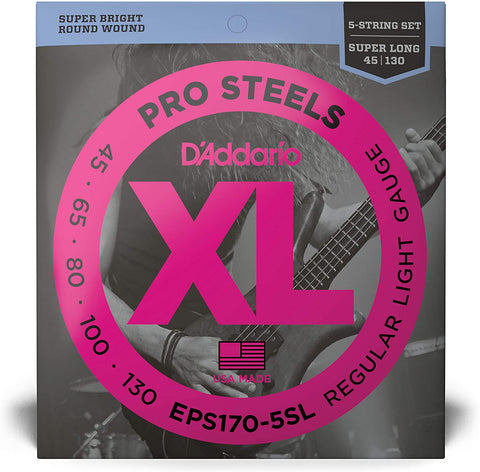 D'Addario EPS170-5SL 5-String ProSteels Bass Guitar Strings, Light, 45-130, Super Long Scale