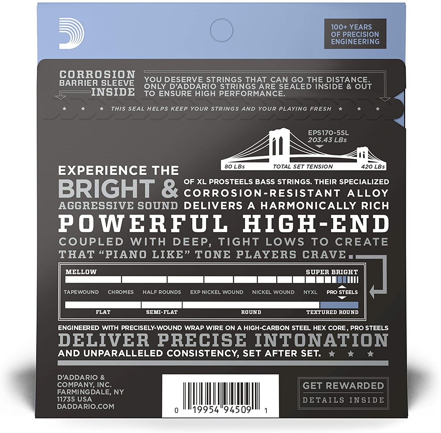 D'Addario EPS170-5SL 5-String ProSteels Bass Guitar Strings, Light, 45-130, Super Long Scale