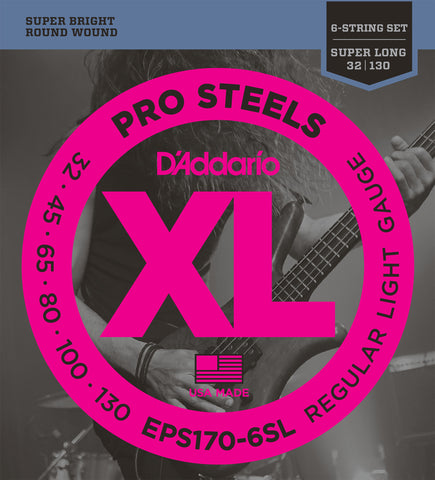 D'Addario EPS170-6SL 6-String ProSteels Bass Guitar Strings, Light, 30-130, Super Long Scale