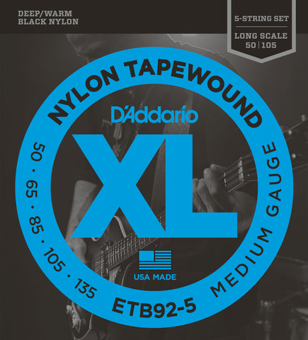 D'Addario ETB92-5 5-String Tapewound Bass Guitar Strings, Medium, 50-135, Long Scale