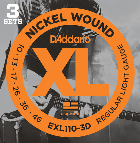 D'Addario EXL110-3D Nickel Wound Electric Guitar Strings, Regular Light, 10-46, 3 Sets