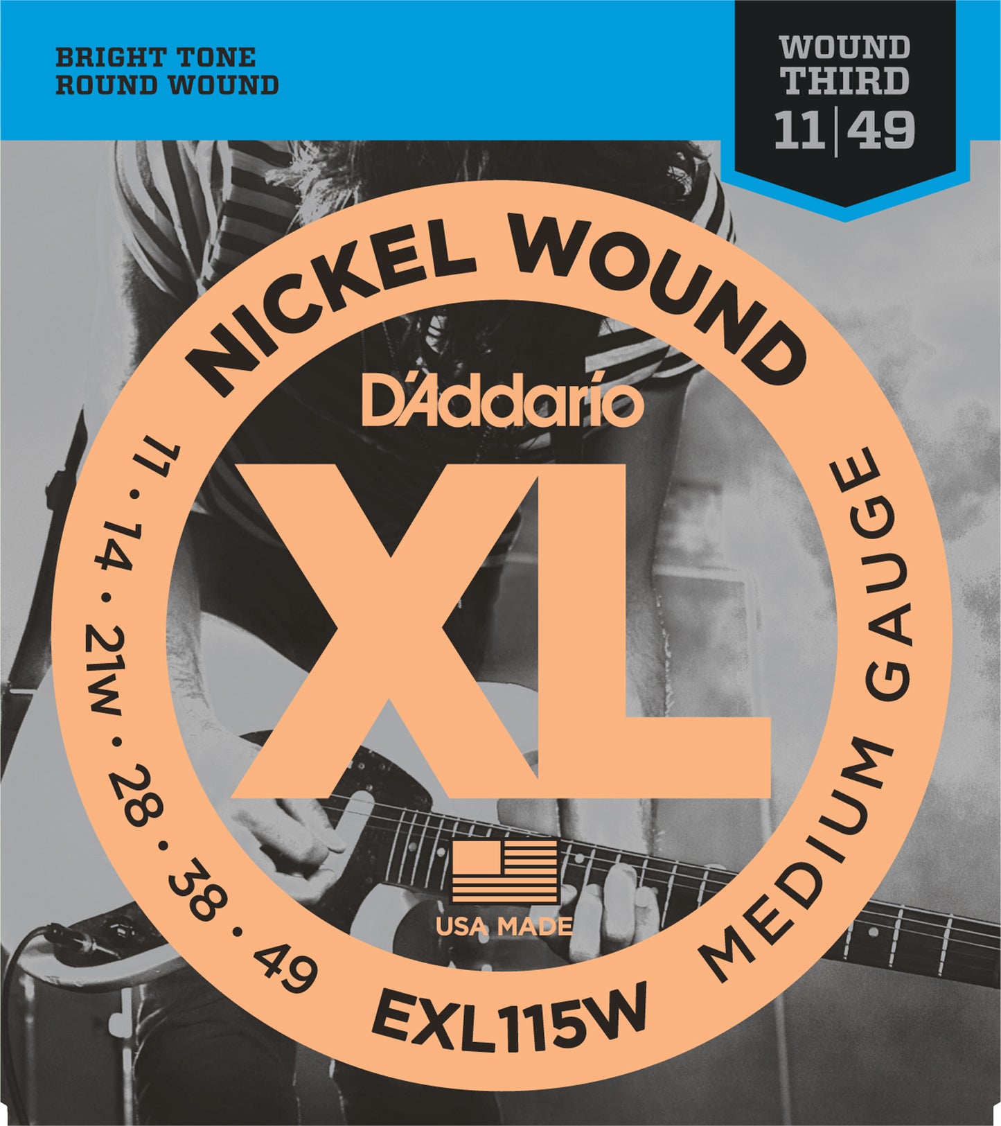 D'Addario EXL115 Nickel Wound Electric Guitar Strings, Medium/Blues-Jazz Rock, Wound 3rd, 11-49