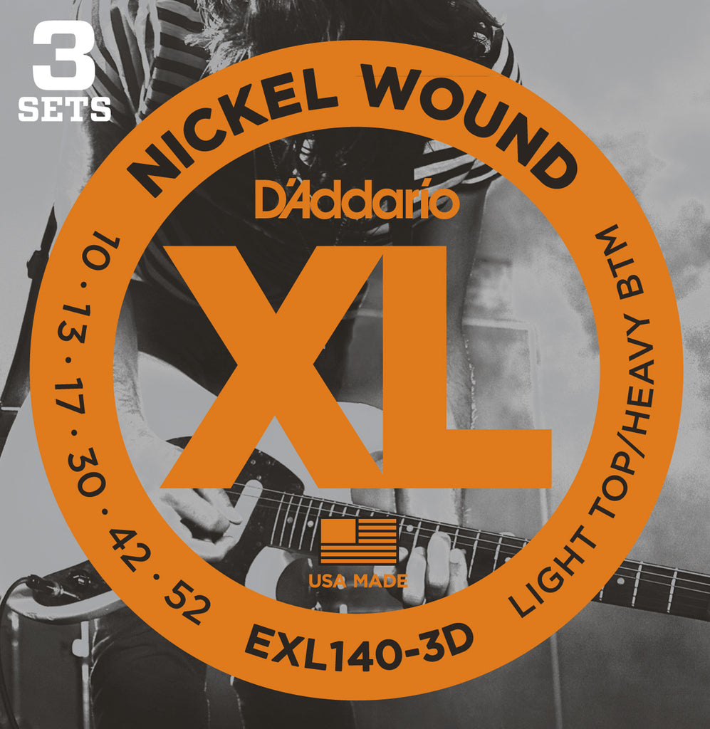 D'Addario EXL140-3D Nickel Wound Electric Guitar Strings, Light Top/Heavy Bottom, 10-52, 3 sets
