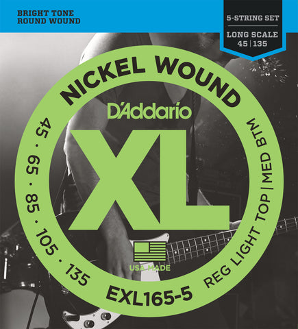 D'Addario EXL165 5-String Nickel Wound Bass Guitar Strings, Custom Light, 45-135, Long Scale