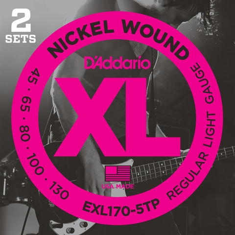 D'Addario EXL170-5TP Nickel Wound Bass Guitar Strings, Light, 45-130, 2 Sets, Long Scale