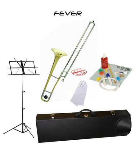 Fever Student Slide Gold Lacquer B Flat Trombone School Package with Case, Music Stand and Cleaning Kit