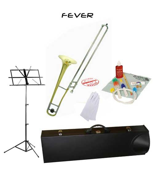 Fever Student Slide Gold Lacquer B Flat Trombone School Package with Case, Music Stand and Cleaning Kit