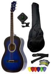 Fever 3/4 Size Acoustic Guitar Package Blueburst with Gig Bag, Guitar Tuner, Picks and Strap, FV-030-DBL-PACK