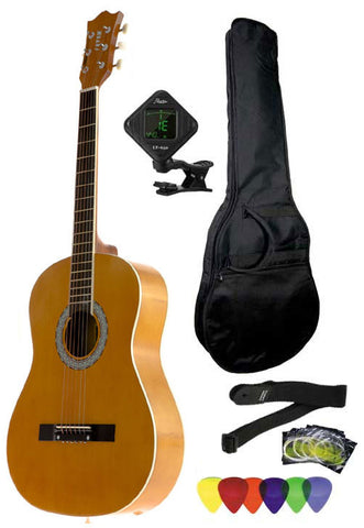 Fever 3/4 Size Acoustic Guitar Package Brown with Gig Bag, Guitar Tuner, Picks and Strap, FV-030-BW-PACK