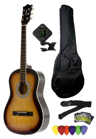 Fever 3/4 Size Acoustic Guitar Package Sunburst with Gig Bag, Guitar Tuner, Picks and Strap, FV-030-SB-PACK
