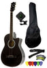 Fever 3/4 Size Acoustic Cutaway Guitar Package Black with Gig Bag, Guitar Tuner, Picks and Strap, FV-030C-BK-PACK