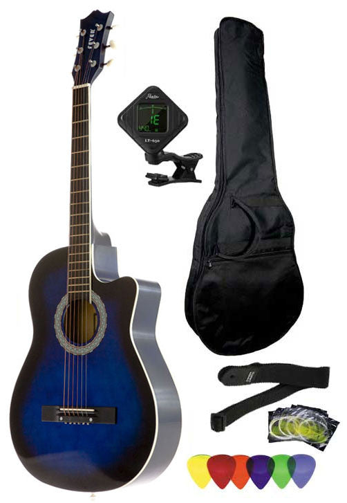 Fever 3/4 Size Acoustic Cutaway Guitar Package Blueburst with Gig Bag, Guitar Tuner, Picks and Strap, FV-030C-DBL-PACK