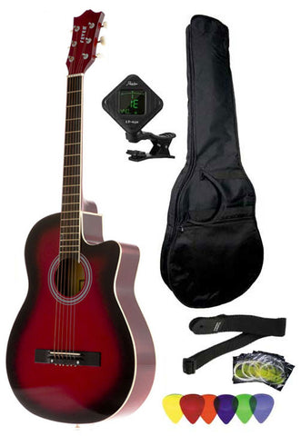 Fever 3/4 Size Acoustic Cutaway Guitar Package Redburst with Gig Bag, Guitar Tuner, Picks and Strap, FV-030C-DRD-PACK
