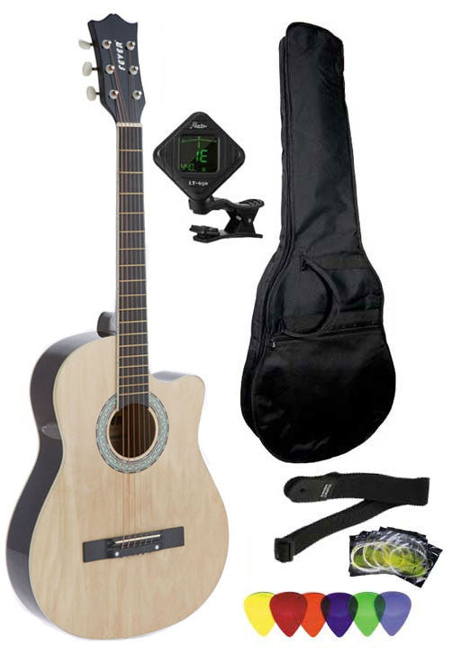 Fever 3/4 Size Acoustic Cutaway Guitar Package Natural with Gig Bag, Guitar Tuner, Picks and Strap, FV-030C-NT-PACK