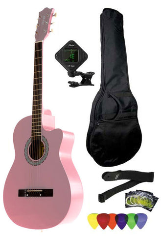 Fever 3/4 Size Acoustic Cutaway Guitar Package Pink with Gig Bag, Guitar Tuner, Picks and Strap, FV-030C-PK-PACK